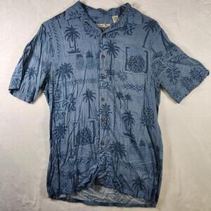 Vtg Batik Bay Rayon Hawaiian Shirt Blue Palm Pineapple Print S Aloha‎ Luau Surf